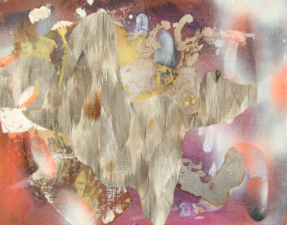 Mary Jones, <em>Oh So Many</em>, 2020. Oil, silver leaf, spray paint, and feathered wallpaper on canvas, 11 x 14 inches. Courtesy High Noon, New York.