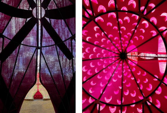 Interior views: <em>Leeza Meksin: Turret Tops</em>, winter 2020, deCordova Sculpture Park and Museum, Lincoln, MA, 2020. Neoprene and galvanized steel, 240 x 246 inches. Courtesy the artist. Photo: Julia Featheringill Photography.