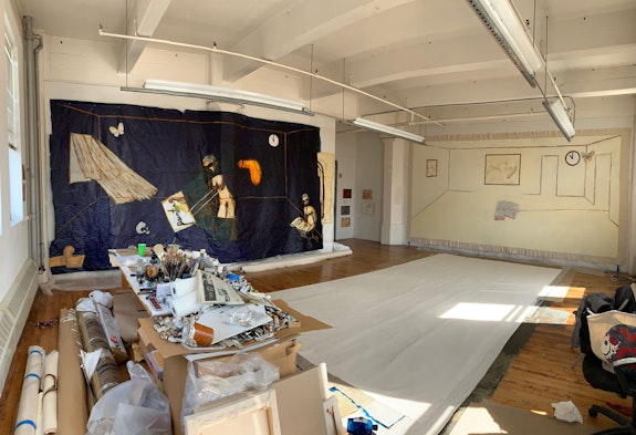 Mira Schor’s Sharpe Walentas Studio, March 18, 2020. “A photo of the two works as I left them March 18 and found them again in October.”