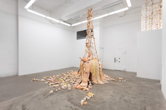 Tau Lewis, <em>Symphony</em>, 2020. Various recycled and hand dyed fabrics, recycled leather, cotton batting, beads acrylic paint, PVA, glue, metal hoop skirt, pipe, sea shells, wire, hand sewn, dimensions variable. Courtesy the artist and Cooper Cole Gallery. 