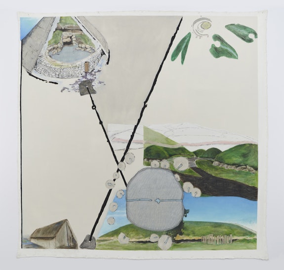 Jo Baer, <em>Time-Line (Spheres, Angles and the Negative of the 2nd Derivative)</em>, 2012. Oil on canvas, 74 × 73 1⁄2 inches. © Jo Baer. Courtesy Pace Gallery.