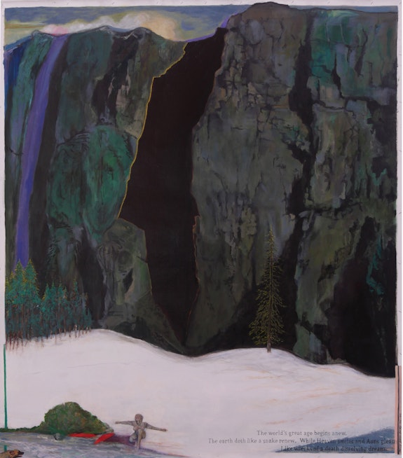 Jo Baer, <em>Snow-Laden Primeval (Meditations, on Log Phase and Decline rampant with Flatulent Cows and Carbon Cars)</em>, 2020. Oil on canvas, 67 11/16 x 60 1/4 inches.  © Jo Baer. Courtesy Pace Gallery.