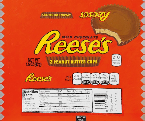 Tom Sachs, <em>Reese’s</em>, 2019. Synthetic polymer and palladium leaf on plywood 84 x 84 x 4 1/2 inches. Courtesy Acquavella Galleries.