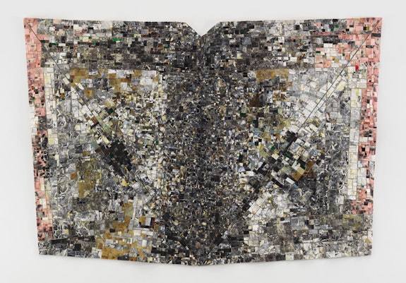 Jack Whitten, <em>Mask II: For Ronald Brown</em>, 1996. Acrylic on canvas, 92 1/2 x 62 1/4 inches. © Jack Whitten Estate. Courtesy the Jack Whitten Estate and Hauser & Wirth. Photo: Dan Bradica.