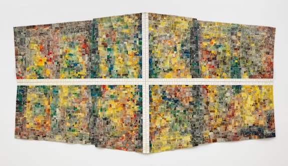 Jack Whitten, <em>Mask III: For The Children of Dunblane, Scotland</em>, 1996. Acrylic and recycled glass on canvas unique, 66 x 123 inches. © Jack Whitten Estate. Courtesy the Jack Whitten Estate and Hauser & Wirth. Photo: Dan Bradica.