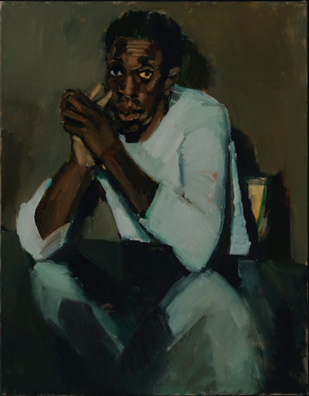 Lynette Yiadom-Boakye, <em>Few Reasons Left To Like You</em>, 2020. Oil on linen, 35 1/2 x 27 1/2 inches. Courtesy the artist, Corvi-Mora, London, and Jack Shainman Gallery, New York. Photo: Marcus Leith.