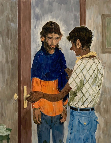 Salman Toor, <em>The Arrival</em>, 2019. Oil on panel, 18 x 14 inches. Courtesy the artist.