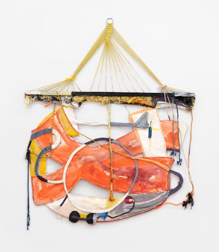 Rachel Eulena Williams,<em> Red Grey Clay</em>, 2020. Silkscreen on card, dye and acrylic paint on hammock, canvas, and cotton rope, 72 x 62 x 3 inches. Courtesy the artist and Canada, New York.