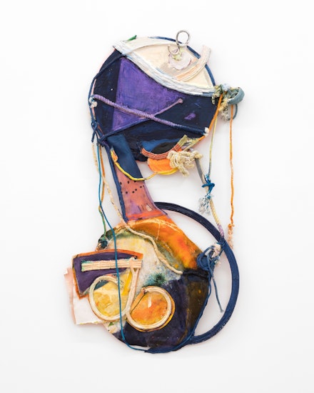 Rachel Eulena Williams, <em>The Orange Beneath the Moon</em>, 2019. Dye and acrylic paint on panel, canvas and cotton rope, 54 x 30 x 3 inches. Courtesy the artist and Canada, New York.