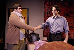 Mike Mosallam (right) as Palestinian refugee Aziz Hammond and Jeremy Cohen (left) as Israeli ex-pat Assaf Ben-Moshe in the new musical West Bank, UK by Oren Safdie and Ronnie Cohen. Photo by David Gochfeld.