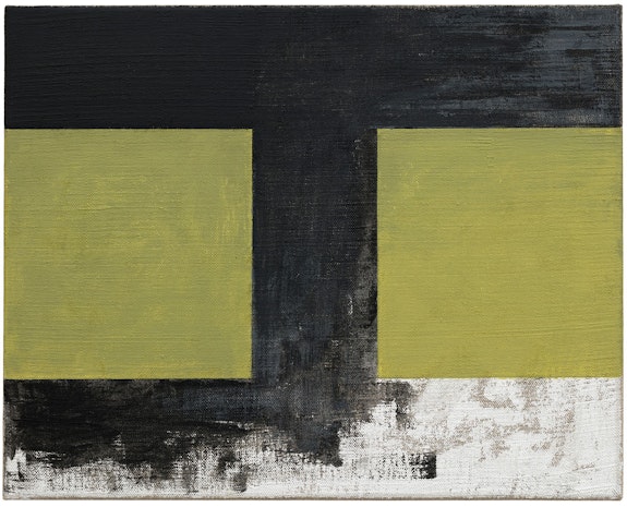 Helmut Federle, <em>Basics on Composition I (The Road/Beau Travail)</em>, 2019. Oil on canvas, 15 3/4 x 19 3/4 inches. Courtesy the artist and Peter Blum Gallery, New York. Photo: Jason Wyche.