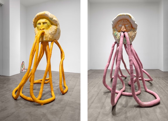 Left: Justin Matherly, <em>Eat yourself fitter</em>, 2019. Fiberglass resin, epoxy resin, acrylic lacquer spray paint, UV varnish, 96 x 56 x 77 inches. Right: Justin Matherly,<em> Eat yourself fitter</em>, 2020. Fiberglass resin, epoxy resin, acrylic lacquer spraypaint, UV varnish, 89 1/2 x 81 x 63 inches.© Justin Matherly. Courtesy Paula Cooper Gallery, New York. Photo: Steven Probert.
