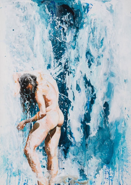 Eric Fischl, <em>Cleansed by the Flames of Water</em>, 2020. Acrylic on linen, 98 x 68 inches. © Eric Fischl / Artist Rights Society (ARS), New York. Courtesy of the artist and Skarstedt, New York.