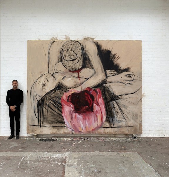 Enrique Martínez Celaya with <em>The Child's Song</em>, 2020. Oil and wax on canvas, 116 x 150 inches. Courtesy of the artist and Galerie Judin, Berlin.