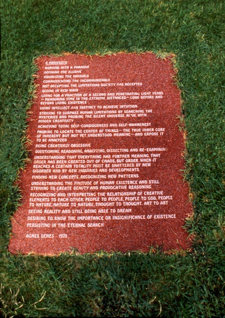 Agnes Denes, <em>Poetry Walk - Reflections: Pools of Thought (With Time Capsule 2000-3000 A.D.)</em>, 2000. 20 granite slabs carved with the writings of 35 poets and philosophers, embedded in the lawn at the University of Virginia, Charlottesville, 48 x 60 inches each. © Agnes Denes. Courtesy Leslie Tonkonow Artworks + Projects, New York.