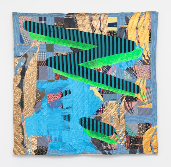 Sanord Biggers, <em>Chorus for Paul Mooney</em>, 2017. Antique quilt, fabric, spray paint, acrylic, fabric treated paint. 75 x 77 inches. Courtesy the artist and Marianne Boesky, New York.