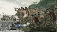 D. P. Dodd, <em>The Death of Captain James Cook, F. R. S. at Owhyhee in MDCCLXXIX</em>, 1784. Colourized version of Captain Cook's Voyage, Octavo Edition. Wikicommons. 