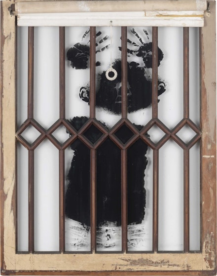 David Hammons, <em>Black Boy’s Window</em>, 1968. Silkscreen on glass, 35 3/4 x 27 3/4 inches. Courtesy the Drawing Center. 
