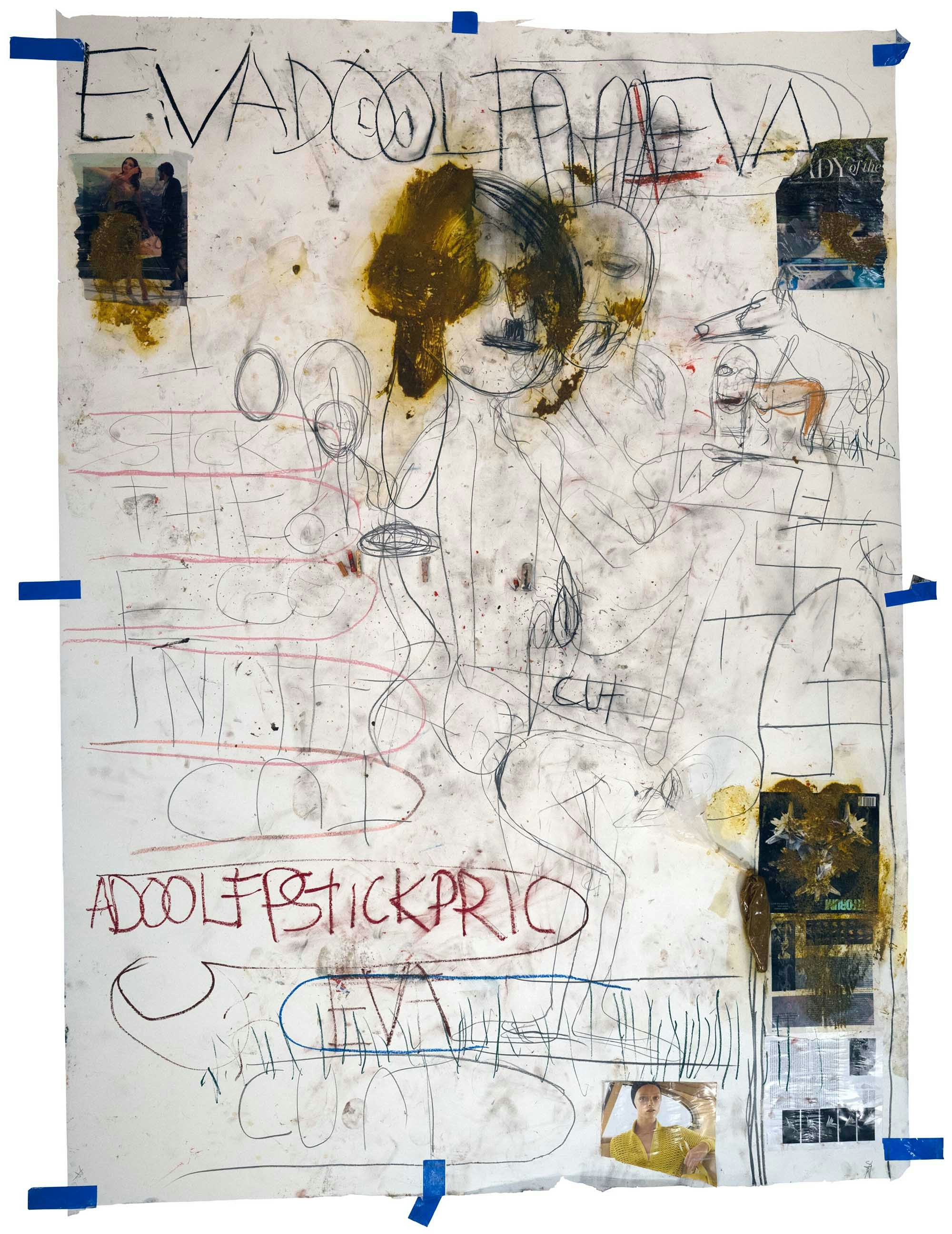 Paul McCarthy, <em>A&E, EVADOOLF EVA, Santa Anita session</em>, 2020. Charcoal, pastel, mixed media, and collage on paper, 104 1/4 x 78 1/2 inches. © Paul McCarthy. Courtesy the artist and Hauser & Wirth. Photo: Fredrik Nilsen.