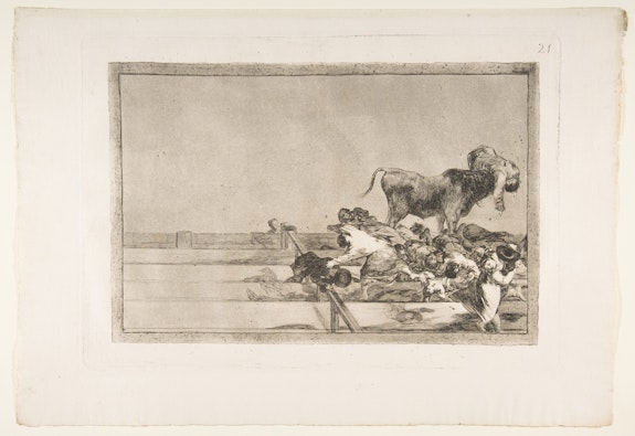 Francisco de Goya y Lucientes, <em>Dreadful events in the front rows of the ring at Madrid and death of the mayor of Torrejón</em> (plate 21 from <em>Tauromaquia</em>), 1816. Etching, burnished aquatint, lavis, drypoint, and burin, 12 1/8 × 17 1/4 inches. Courtesy The Metropolitan Museum of Art, New York.