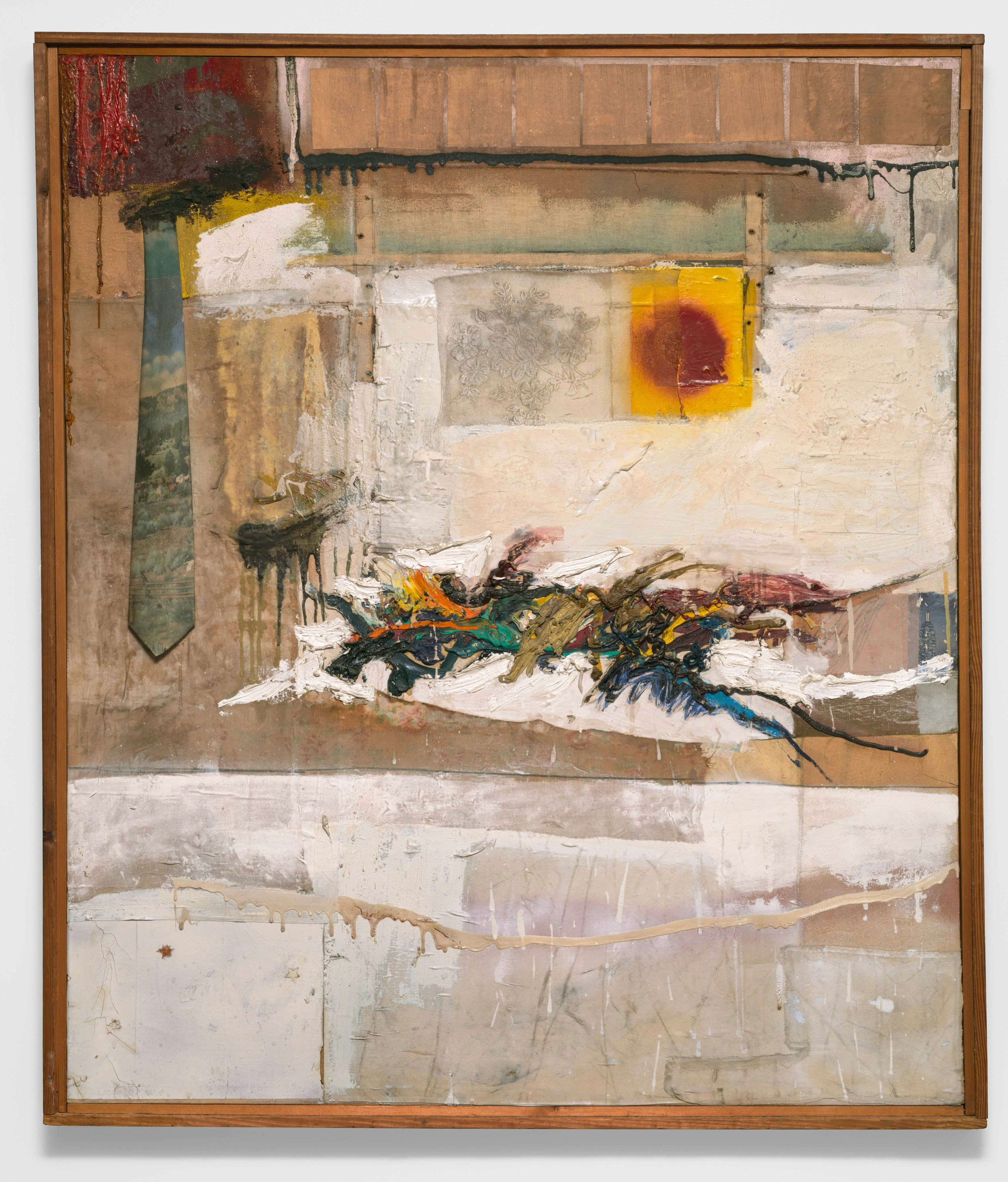 Robert Rauschenberg, <em>Rhyme</em>, 1956. Oil, fabric, necktie, paper, enamel, pencil, and synthetic polymer paint on canvas, 48 1/4 x 41 1/8 inches. Courtesy Craig Starr and The Museum of Modern Art.