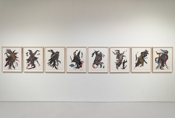 Peter Sacks. From left: <em>Sangoma Series Nos. 17, 14, 10, 6, 11, 5, 13, 16</em>, 2020. Mixed media on paper, 30 x 22 1/2 inches each.
