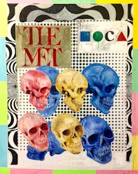 Noah Becker, <em>Museum Skulls</em>, 2018. Acrylic and mixed media on canvas, 40 x 30 inches. Courtesy the artist.