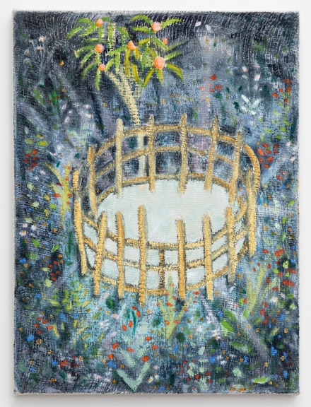 Johanna Robinson, <em>Imagination is defined by what lies outside of it</em>, 2020. Oil on cheesecloth over canvas, 18 x 24 inches. Courtesy Hesse Flatow.