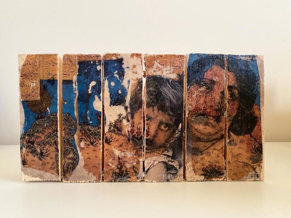 Maliheh Zafarnezhad, <em>Bonding</em>, 2020. Photo transfer and collage on assembled wood blocks.