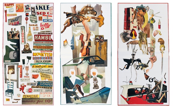 Justine Kurland, <em>Los Alamos (3 volumes)</em>, 2021. Collage (hardcover), 26 x 12 3/4 inches each. Courtesy Higher Pictures Generation.