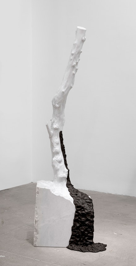 Giuseppe Penone, <em>Indistinti confini - Contatto</em>, 2015. White Carrara marble, bronze, 65 1/2 x 20 5/8 x 13 3/8 inches. Courtesy of the artist and Marian Goodman Gallery. © Giuseppe Penone. Photo: Alex Yudzon.