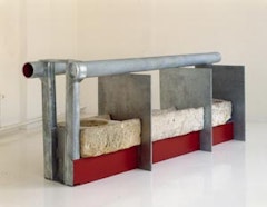 Anthony Caro. “Chalk Line”, (2006). Stone & steel, galvanised and painted. 49 x 144 x 36 in.