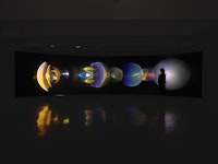 Olafur Eliasson, <em>Your ocular relief</em>, 2021. Projection screen, aluminum stands, LED projectors with optical components, lens enclosures with integrated motors, electrical ballasts, control units, 106 x 394 x 185 inches. Courtesy the artist and Tanya Bonakdar Gallery, New York / Los Angeles. Photo: Tom Powell Imaging.