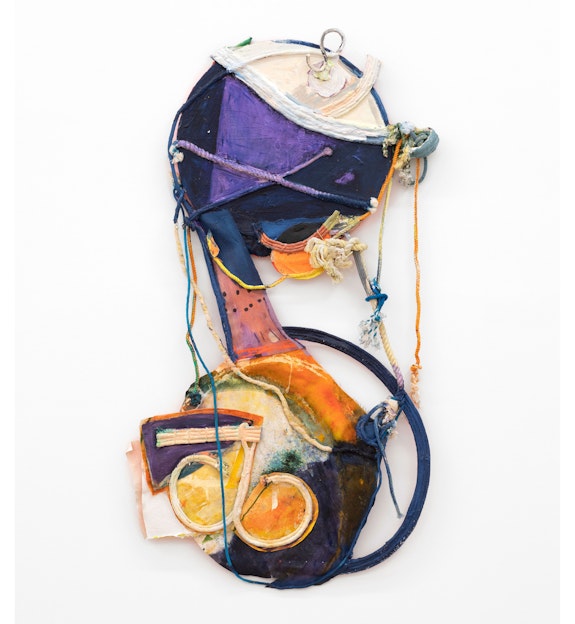 Rachel Eulena Williams, <em>The Orange Beneath the Moon</em>, 2019. Dye and acrylic paint on panel, canvas and cotton rope, 54 x 30 x 3 inches. Courtesy the artist and Canada, New York. Photo: Joe DeNardo.