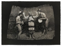 Stephanie Syjuco, <em>Afterimages (Interference of Vision)</em>, 2021. Photogravure printed on gampi mounted on Somerset black 280 gram cotton rag; re-edited photographs of an ethnological display of Filipinos from the 1904 St. Louis World's Fair, 16 x 20 inches. Courtesy Catharine Clark Gallery.