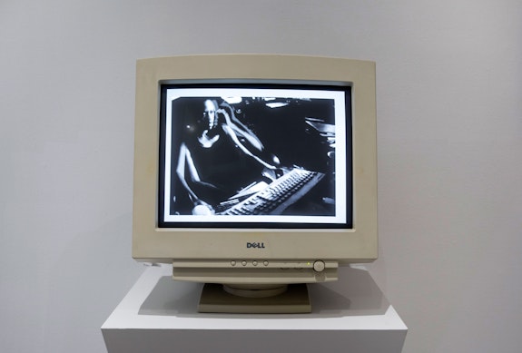 Auriea Harvey, <em>Webcam Movies</em>, 1999. Video (color, sound), CRT monitor, media player, 5 min 56 sec, loop, 17 1/2 x 16 1/2 x 17 inches. Courtesy bitforms gallery, New York. Photo: Emile Askey.