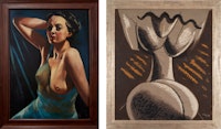 Left: Francis Picabia, <em>Femme à la chemise bleue</em>, 1942-43. Oil on board, 40 3/8 x 29 1/2 inches. Right: Man Ray, <em>Peinture Feminine</em>, 1954. Oil on canvas, 50 x 43 3/4 inches. © Man Ray 2015 Trust / Artists Rights Society (ARS), NY / ADAGP, Paris 2021.</em>