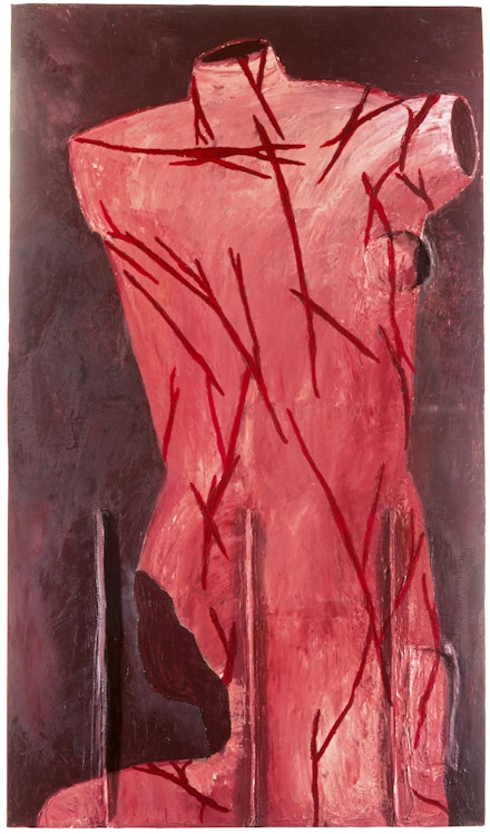 Julian Schnabel, <em>St. Sebastian - Born in 1951</em>, 1975-79. Oil, wax, and modeling paste on canvas, 111 x 66 inches. © Julian Schnabel.
