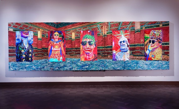 Federico Solmi, <em>The Bathhouse</em>, 2020. Five channel video installation, color, sounds, 9:46 minutes, acrylic paint mixed media on plexiglass, 6 x 20 ft. Courtesy Luis De Jesus Los Angeles.
