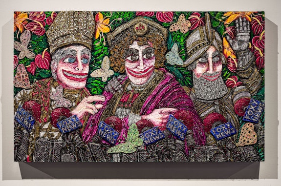 Federico Solmi, <em>The Kindhearted Demagogues</em>, 2020. Acrylic paint, gold and silver leaf, pen and ink, and mixed media on wood panel with shaped wood relief, 36 x 60 in. Courtesy Luis De Jesus Los Angeles. 