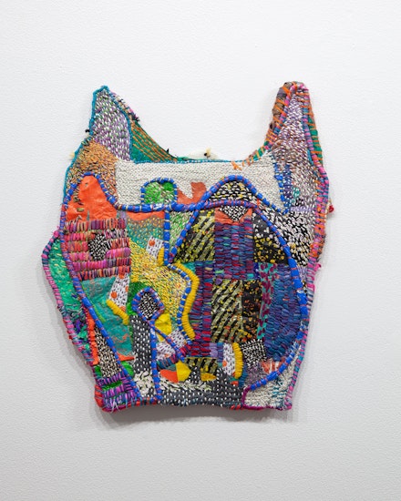 J Stoner Blackwell, <em>Neveruses (Rte 67a)</em>, 2019. Plastic, wool, silk, paper, ink, fabric, 26.5 x 18 inches. Courtesy SITUATIONS Gallery. 