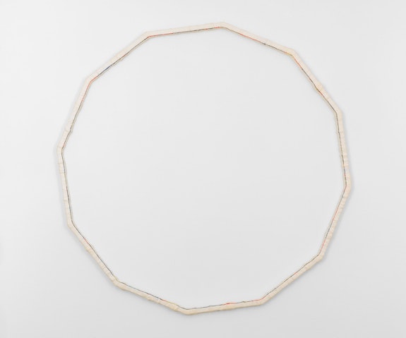 Remy Jungerman, <em>DAGWE (dodecagon)</em>, 2020. Cotton, textile, kaolin (pimba), wood, and color pencil, 61 inch diameter. Courtesy Fridman Gallery, New York.