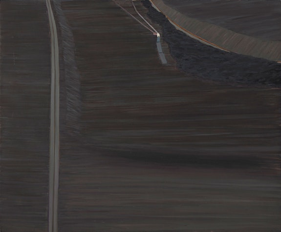 Carol Rhodes, <em>Road and Valley</em>, 1999. Oil on board, 16 1/2 x 20 1/8 inches. Courtesy Alison Jacques Gallery, London. © Carol Rhodes Estate.