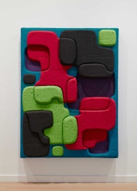 Guy Goodwin, <em>Mattress World: Lime Lime</em>, 2021. Acrylic, cardboard, glue, tempera, and wood, 72 x 53 x 6 inches. Courtesy the Milton Resnick and Pat Passlof Foundation, New York.© Jason Wyche 2021.