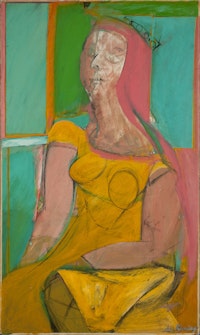 Willem de Kooning, <em>Queen of Hearts</em>, 1943–46. Oil and charcoal on fiberboard, 46 1/8 x 27 5/8 inches. Hirshhorn Museum and Sculpture Garden, Smithsonian Institution, Washington, DC. Gift of the Joseph H. Hirshhorn Foundation, 1966. Artwork © 2021 The Willem de Kooning Foundation / Artists Rights Society (ARS), New York. Photo: Lee Stalsworth, Hirshhorn Museum and Sculpture Garden.