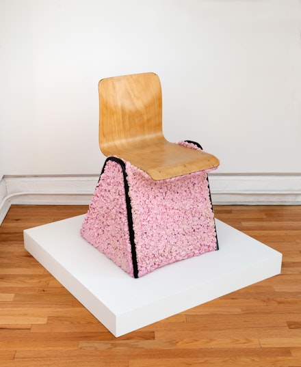 John Wood and Paul Harrison, <em>Chair/Gum</em>, 2020. School chair and bubble gum, 31 1/2 x 15 3/4 x 19 11/16 inches. Courtesy Cristin Tierney, New York.