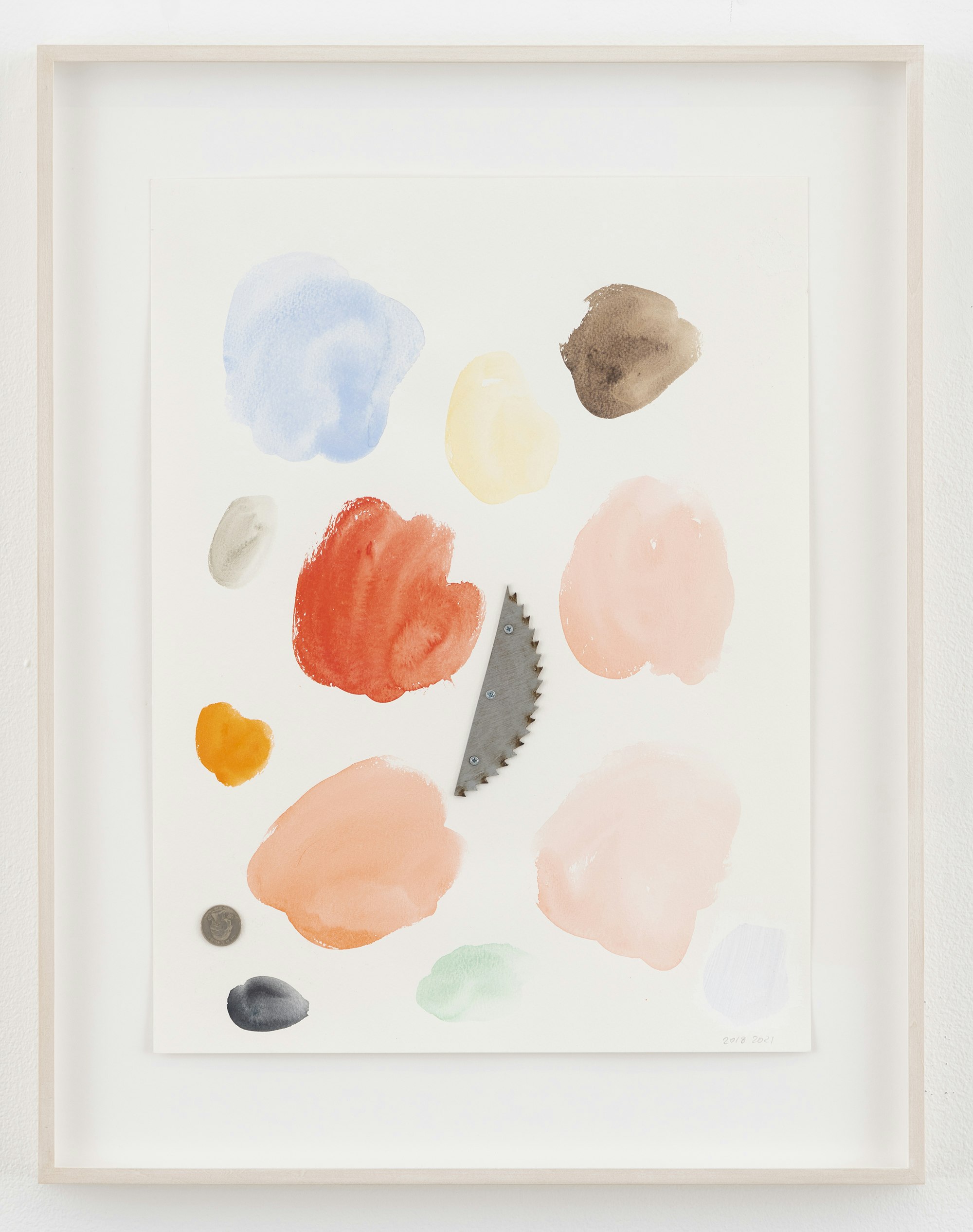 Monika Baer, <em>Loose change</em>, 2021. Watercolor, saw blade fragment, screws and coin on paper, 20 x 15 inches. Courtesy the artist; Galerie Barbara Weiss, Berlin; and Greene Naftali, New York.