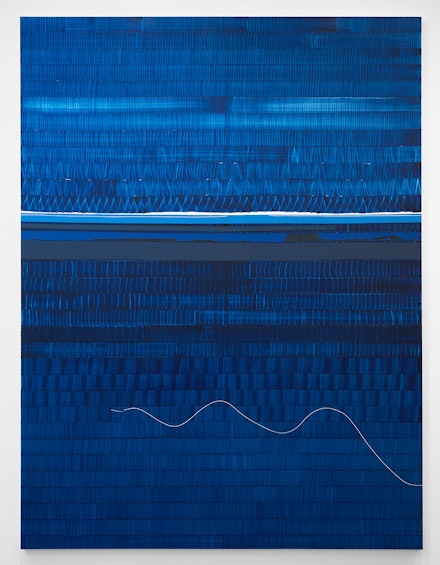 Juan Uslé, <em>Soñé que revelabas (Hudson blue)</em>, 2021. Vinyl, dispersion, and dry pigment on canvas 120 x 89 3/4 inches. © Juan Uslé. Courtesy Galerie Lelong & Co.