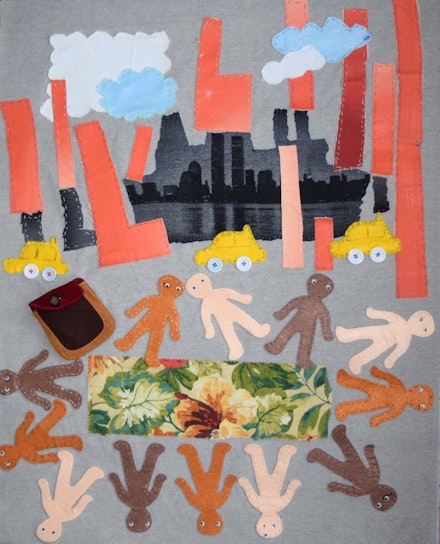 Susan Spangenberg, <em>My Community</em>, 2019. Canvas, fabric, and buttons on fabric, (handsewn), 36 x 30 in. Courtesy Fountain House Gallery.