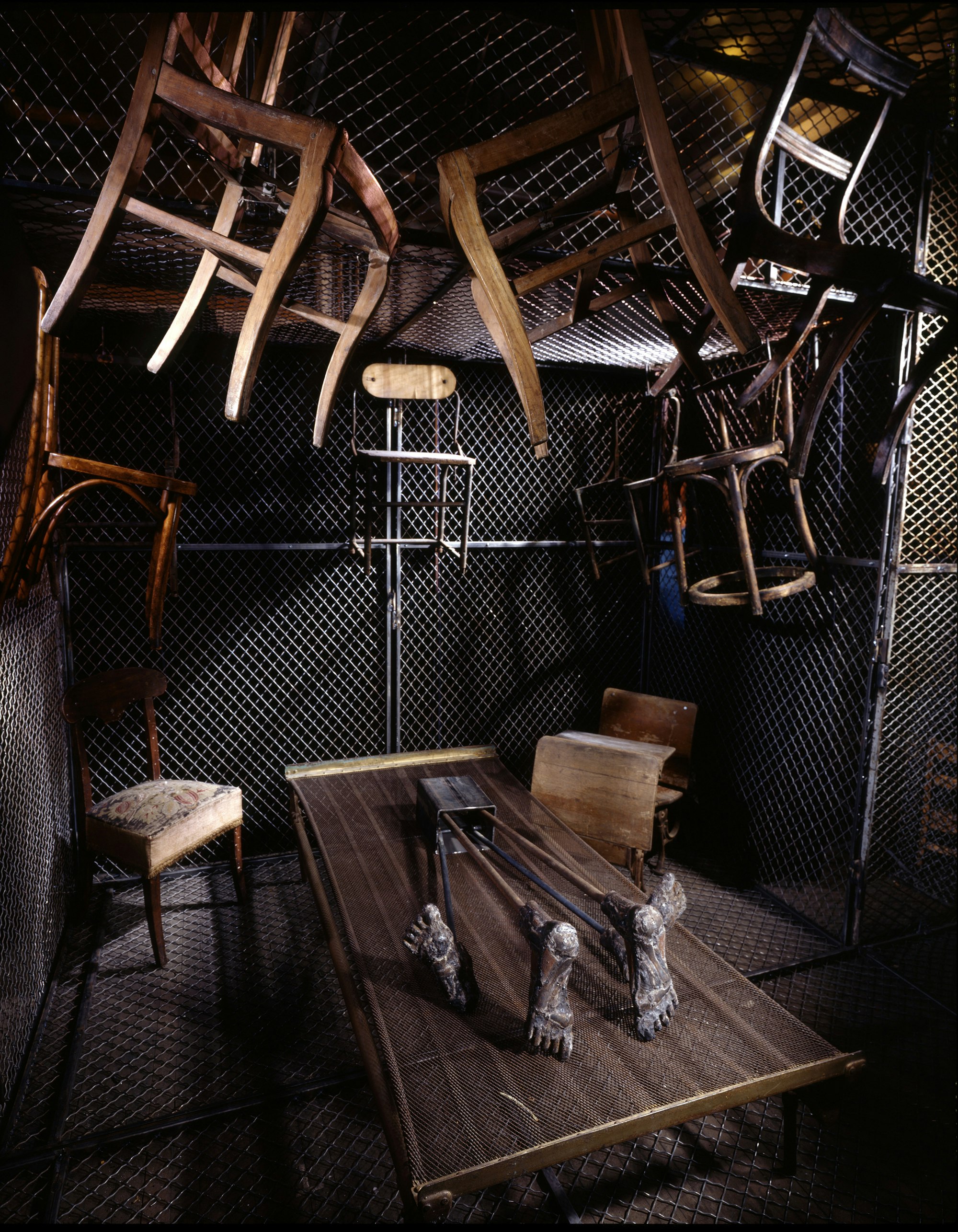 Louise Bourgeois, <em>Passage Dangereux </em>(detail), 1997. Metal, wood, tapestry, rubber, marble, steel, glass, bronze, bones, flax, and mirrors. Courtesy Hauser & Wirth. © The Easton Foundation/Licensed by VAGA at Artists Rights Society (ARS), NY; Photo: Peter Bellamy.